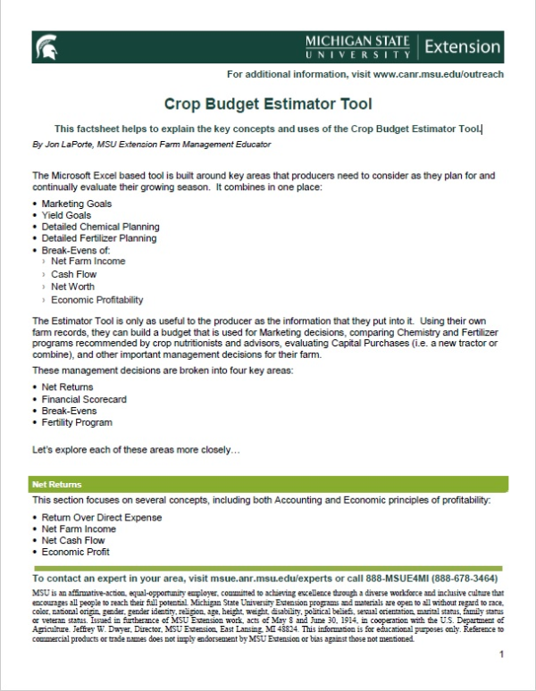 This image shows the front cover of the Crop Budget Estimator Tool factsheet.
