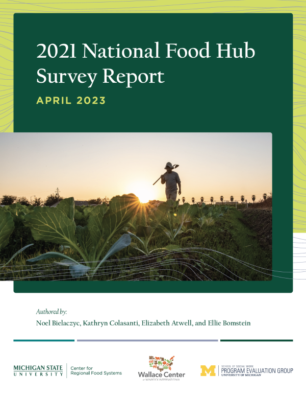 This is the cover page of the 2021 National Food Hub Survey Report. It features a photo of a farmer in the field at sunset.