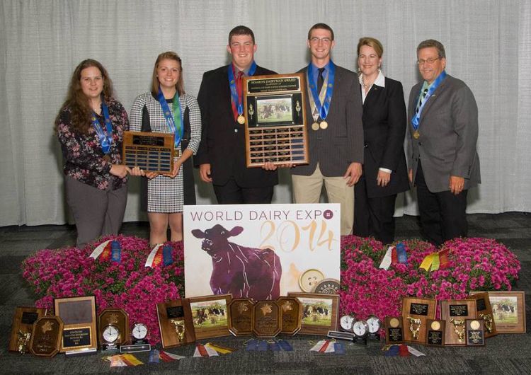 The 2014 Michigan high placing 4-H Dairy Judging Team at World Dairy Expo. From left: Suzanna Hull, Kayla Holsten, Lucas Moser, Bryce Frahm, Coach Sarah Black, Coach Dr. Joe Domecq.