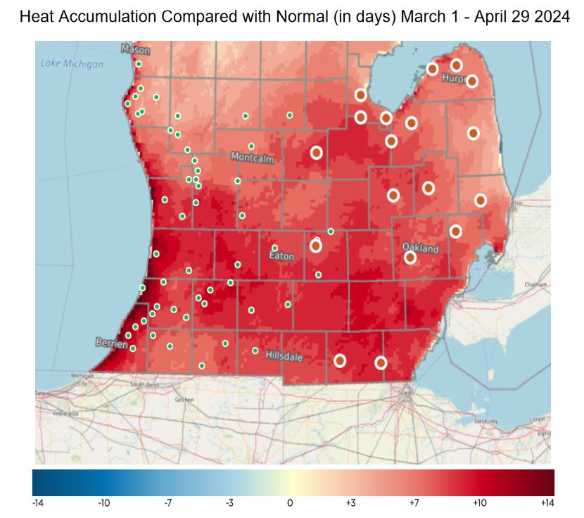Map of Michigan showing average heat accumulation.