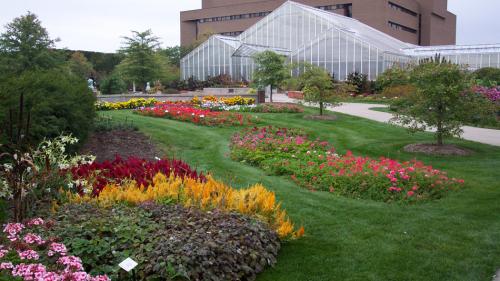 The plant and soil sciences building, greenhouses, and gardens in bloom