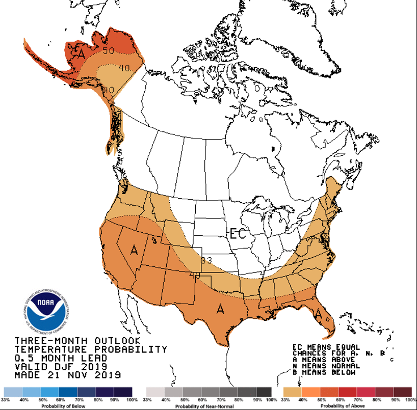Three-month (December 2019 – February 2020) temperature outlook from the National Weather Service Climate Prediction Center