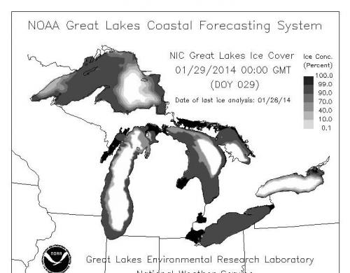 Map of ice coverage on Great Lakes January 2014